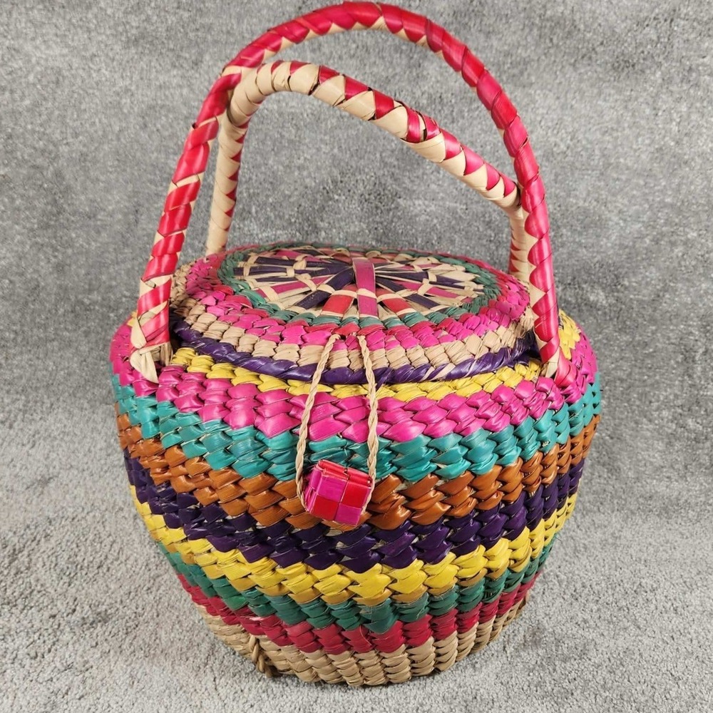 Bright Woven Basket with Handles Striped Boho Lidded